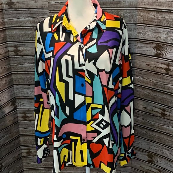 BIG DART Bright & Bold Geometric Button Front Blouse Shirt NWOT - Picture 3 of 8